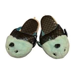 Plush Mermaid Unicorn Slide Slippers in Light Blue and Purple Shimmer